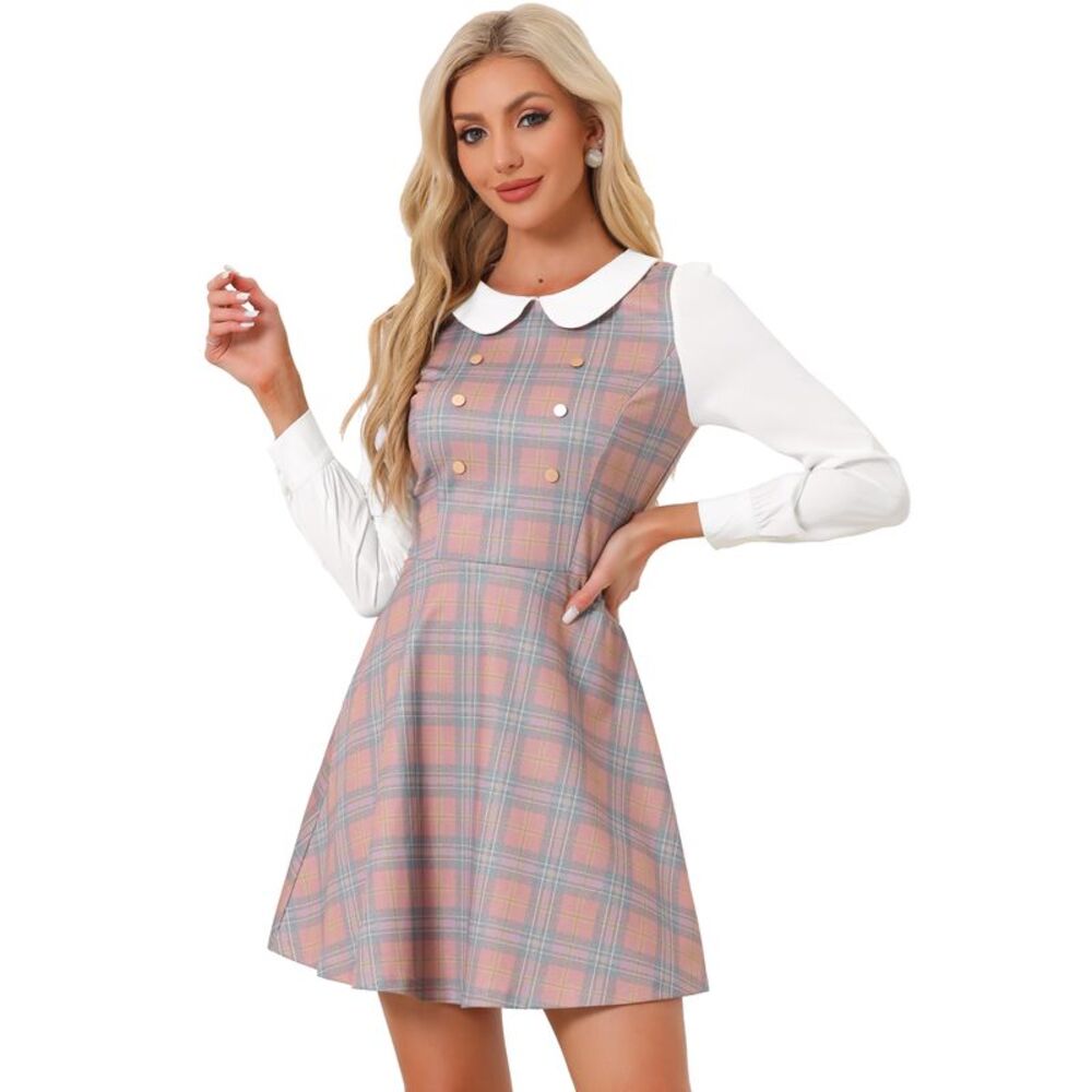 Peter Pan Collar Contrast Color Button Decor Fit Flare Plaid Dress Pink